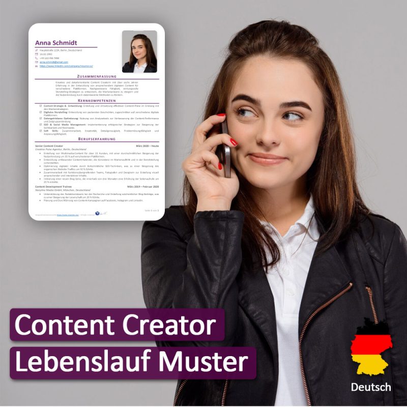 دانلود رزومه تولید کننده محتوا به زبان آلمانی | Content Creator Lebenslaufbeispiel | نگارش CV رزومه تولید کننده محتوا براساس نیازهای بازار کار آلمان