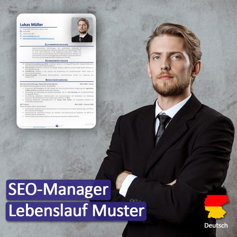 دانلود رزومه مدیر سئو (SEO) به زبان آلمانی | SEO-Manager Lebenslaufbeispiel | نگارش CV رزومه مدیر سئو (SEO) براساس نیازهای بازار کار آلمان